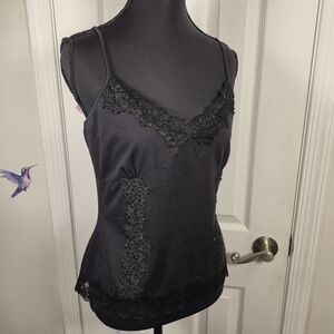 WD•NY Silk Blend Black Beaded Lace Cami Tank Top M Coquette Evening Y2K